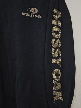 Mossy Oak Black Tee with Camouflage Logo and Sleeve Text